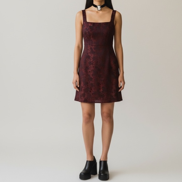 Vintage 90s Jaquard burgundy black sleeveless party mini dress 
moody whimsigoth - Picture 2 of 15